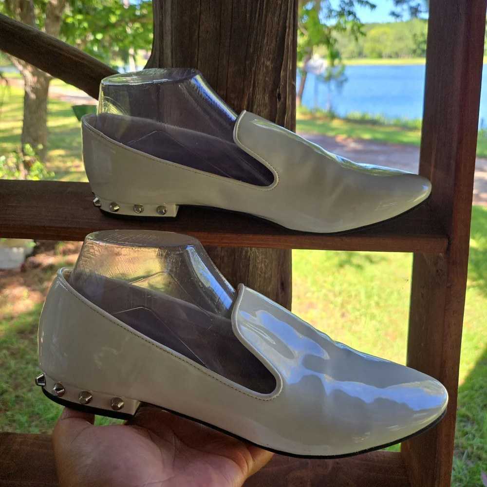 Marc Fisher Abree2 Cream Patent Leather Silver Studded Smoking Shoe